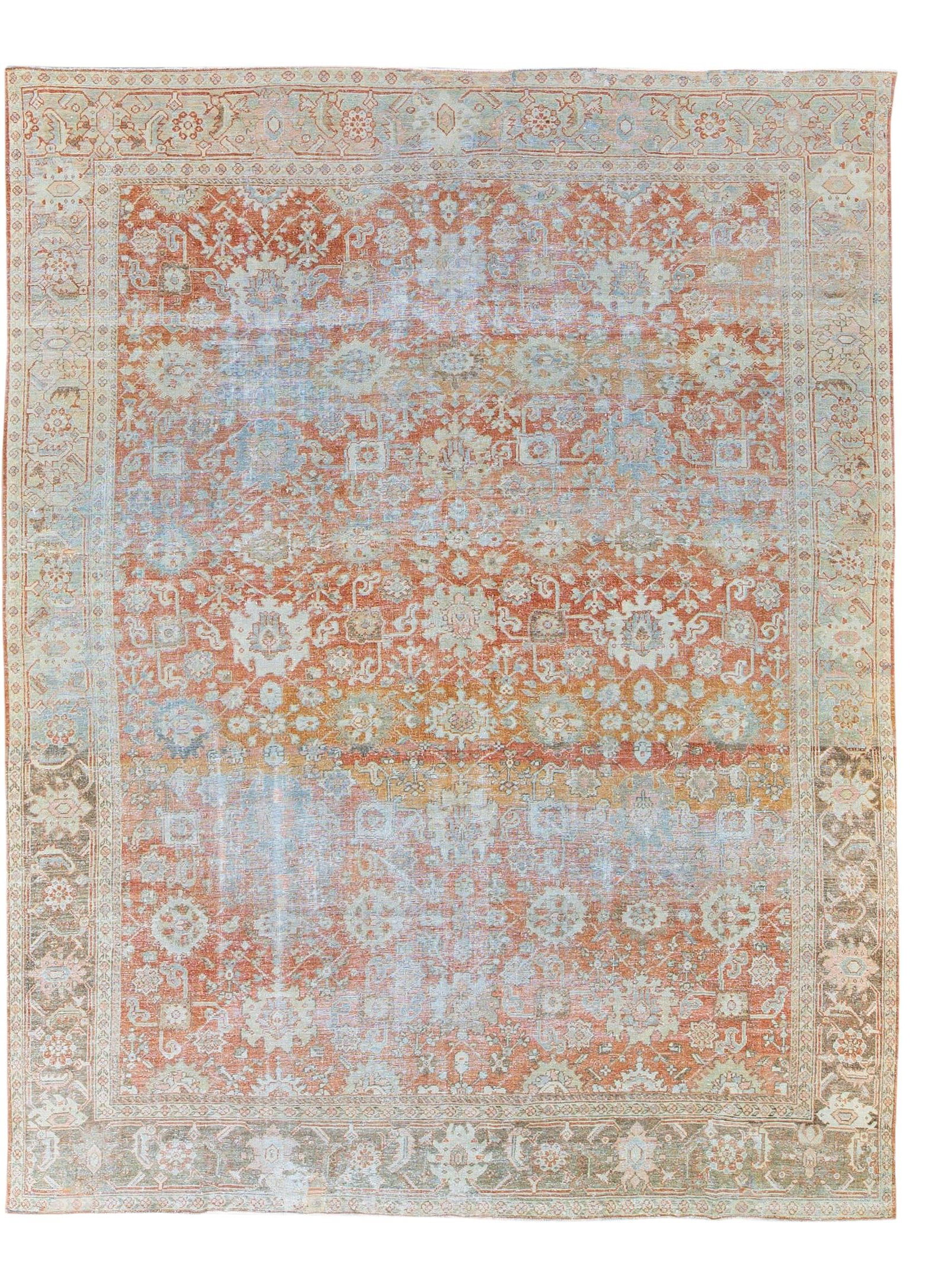 Antique Sultanabad Hand-Knotted Red Floral Wool Rug 9' x 12': Antique Sultanabad Hand-Knotted Red Floral Wool Rug 9' x 12' Discover the elegance of this antique Sultanabad hand-knotted wool rug, featuring a striking red field complemented by a blue frame and ivo
