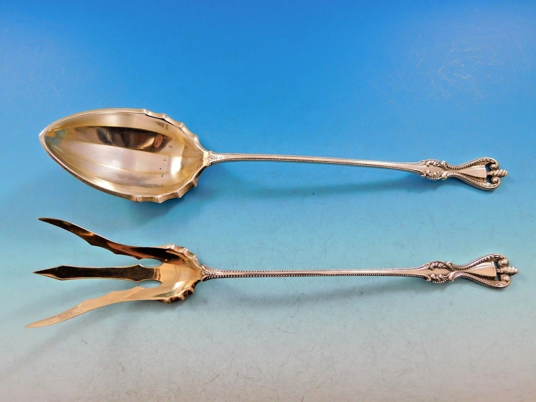 Towle Old Colonial Sterling Silver Lettuce Serving Set 2 Pieces Gold-Washed 9.5" (1 of 4)