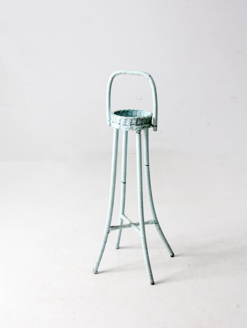 Charming Vintage Blue Wicker Plant Stand with Handle 28.5 Inch (1 of 13)