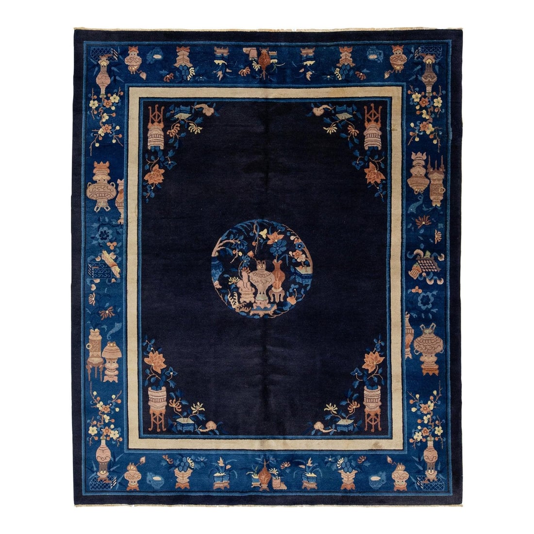 Antique Peking Chinese Wool Rug 8 x 10 Navy Blue Floral Design: Antique Peking Chinese Wool Rug 8 x 10 Navy Blue Floral Design This exquisite antique Chinese Peking rug showcases a hand-knotted wool construction, adorned with a rich navy blue field complemented by