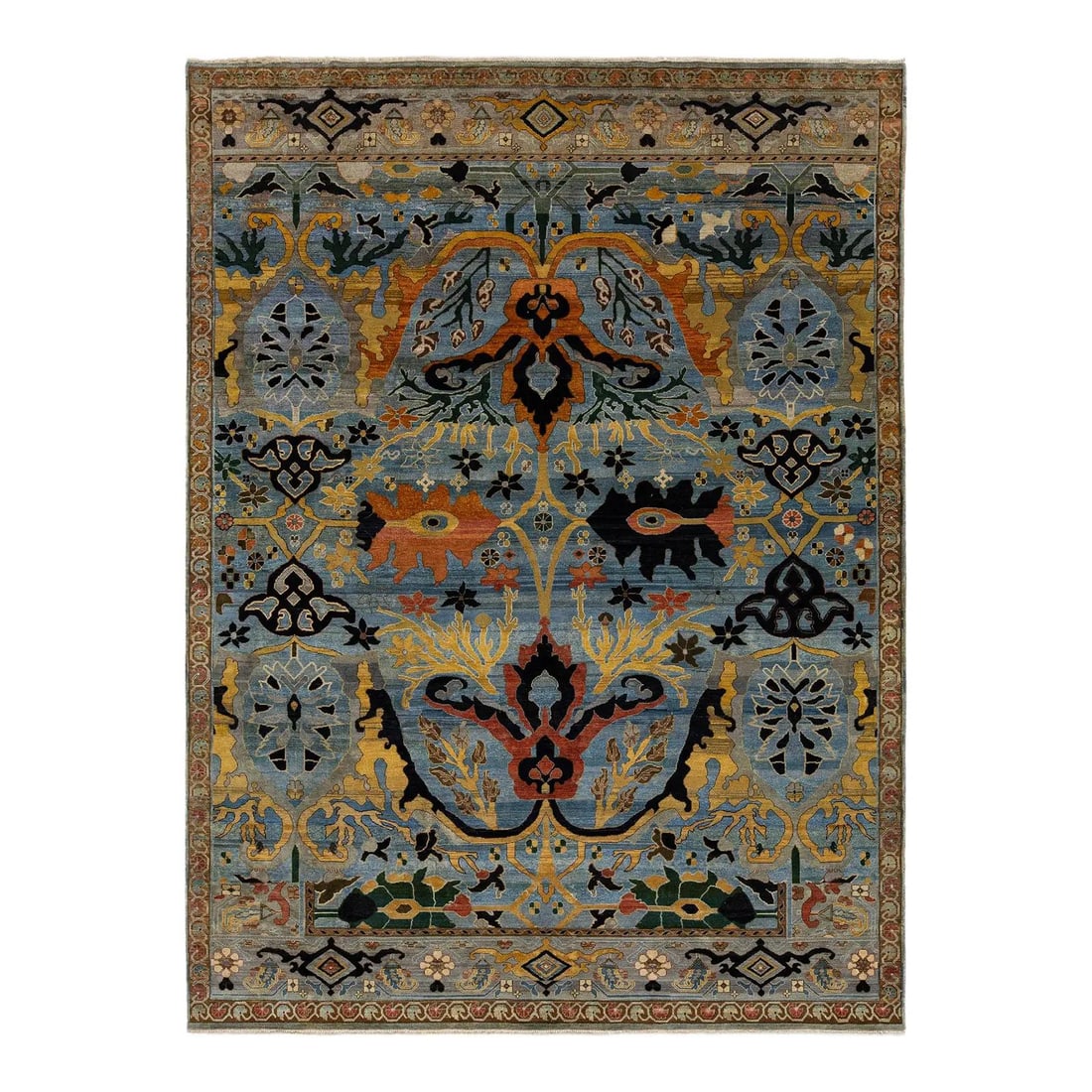 9' x 12' Wool Bidjar Style Rug in Blue With Gold Botanical Patterns: 9' x 12' Wool Bidjar Style Rug in Blue With Gold Botanical Patterns This hand-knotted wool rug draws inspiration from traditional Persian Bidjar designs and features a contemporary color palette. The 