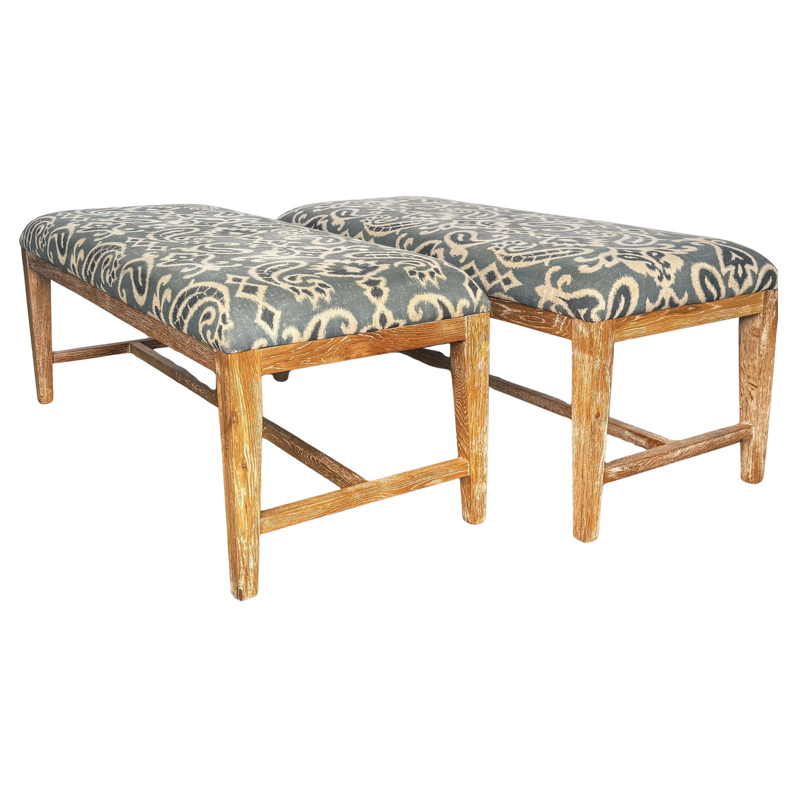 Set of 2 Modern Beached Wood Benches Blue & White Batik Style (1 of 13)