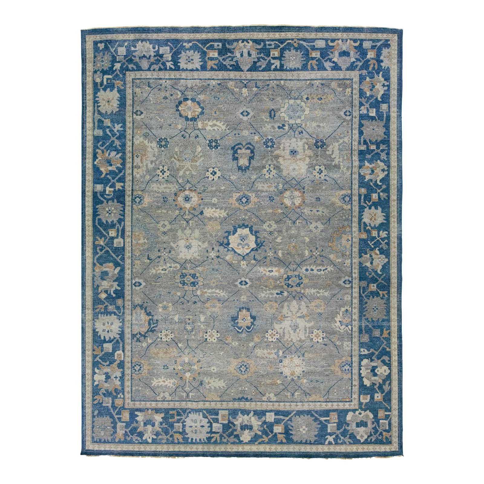 Handmade Blue Gray Indian Mahal Wool Rug 11'11 x 15'11: Handmade Blue Gray Indian Mahal Wool Rug 11'11 x 15'11 The Artisan line presents a beautifully crafted hand-knotted Indian Mahal wool rug that embodies an exquisite antique style. This stunning piece