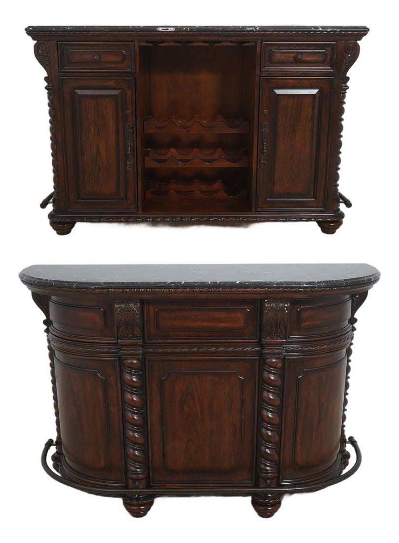 Continental Style Walnut Bar Cabinet With Marble Top and Wine Storage (1 of 10)