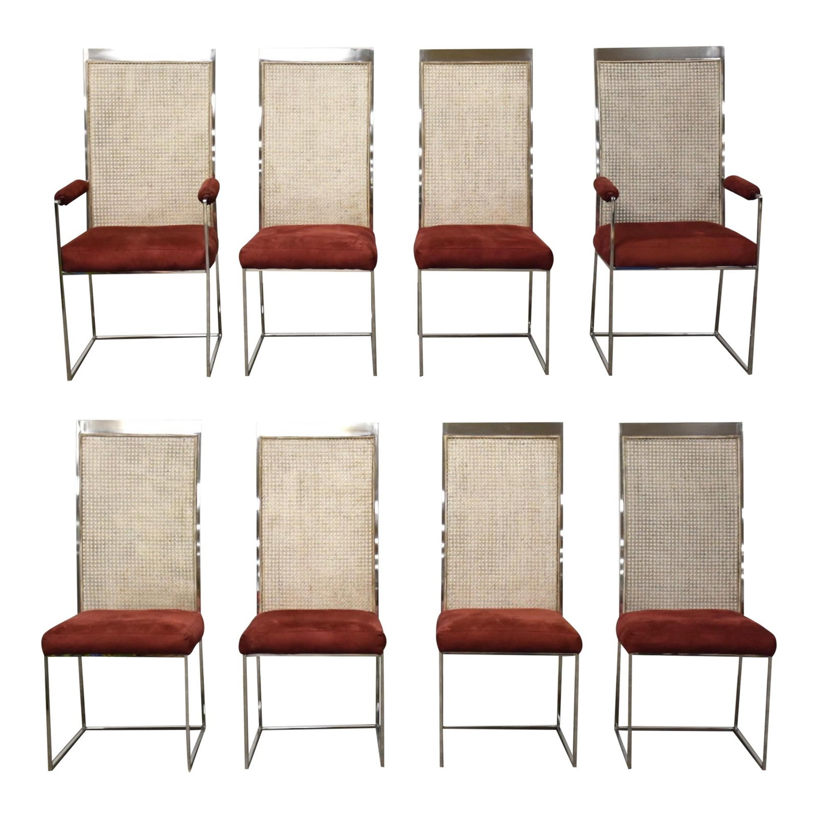 Milo Baughman Mid-Century Modern Dining Chairs Set of 8 Chrome Cane: Milo Baughman Mid-Century Modern Dining Chairs Set of 8 Chrome Cane This elegant set of eight mid-century modern dining chairs, designed by Milo Baughman for Thayer Coggin, features a striking combina
