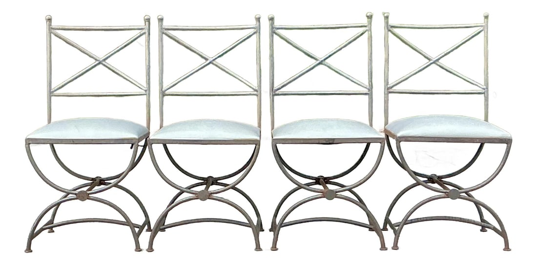 Vintage Boho Wrought Iron Dining Chairs Set of 4 X-Back Design: Vintage Boho Wrought Iron Dining Chairs Set of 4 X-Back Design Enhance your dining area with this exquisite set of four vintage wrought iron dining chairs, showcasing a timeless bohemian aesthetic and