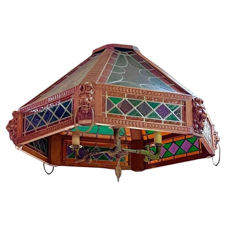 French 1920s Hexagonal Stained Glass and Wood Lantern Chandelier with Lion Masks (1 of 8)
