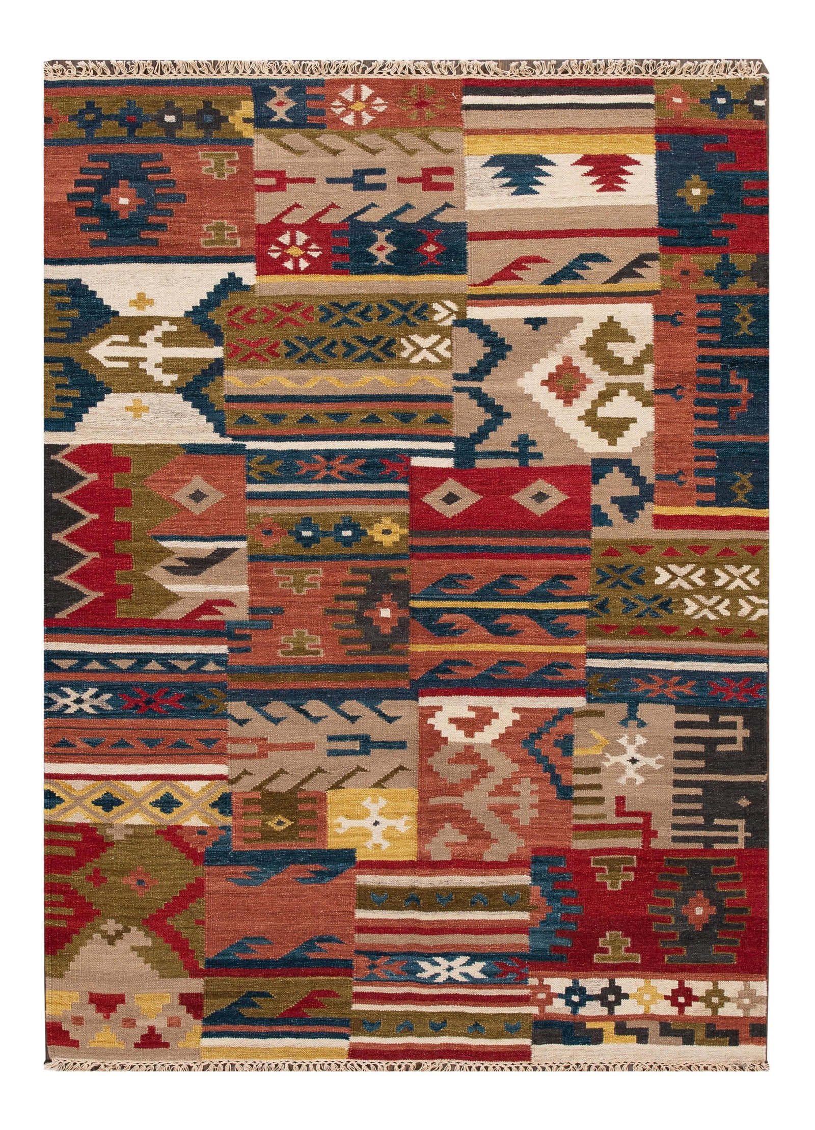 Hand-Woven Modern Kilim Rug Tan Multi-Color Geometric 5'6 x 7'9 (1 of 10)