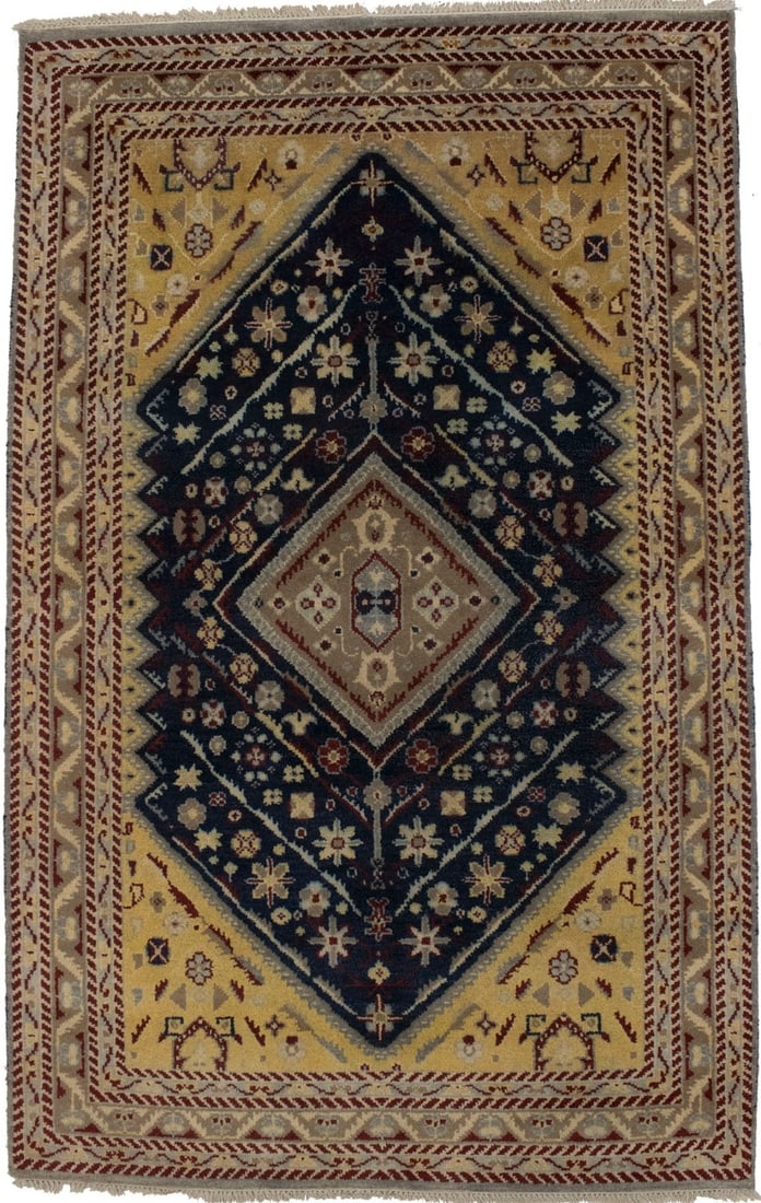 Geometric Indo Gabbeh Kazak Tribal Rug Wool Navy Beige 5X8 Handmade: Geometric Indo Gabbeh Kazak Tribal Rug Wool Navy Beige 5X8 Handmade Transform your space with this stunning Geometric Indo Gabbeh Kazak Tribal Rug, measuring 5'0" x 8'1". Hand-knotted from high-qualit