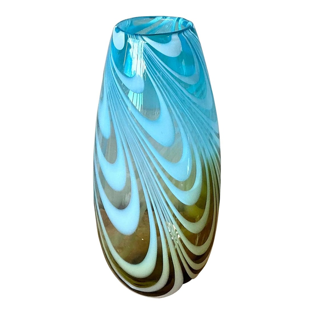 Hand-Blown Swirl Pattern Blue Amber Boho Art Glass Vase 12 Inch (1 of 5)