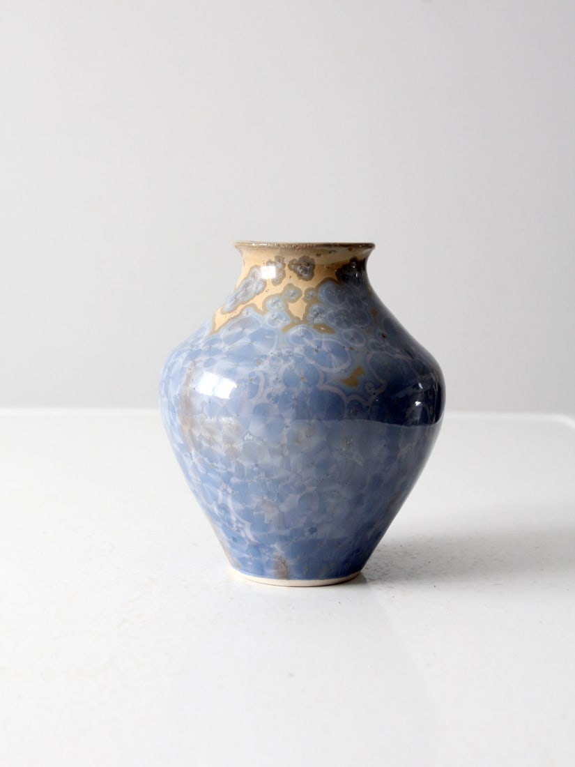 Signed Vintage Studio Pottery Vase Blue Beige Glaze 6.5 Inch (1 of 8)