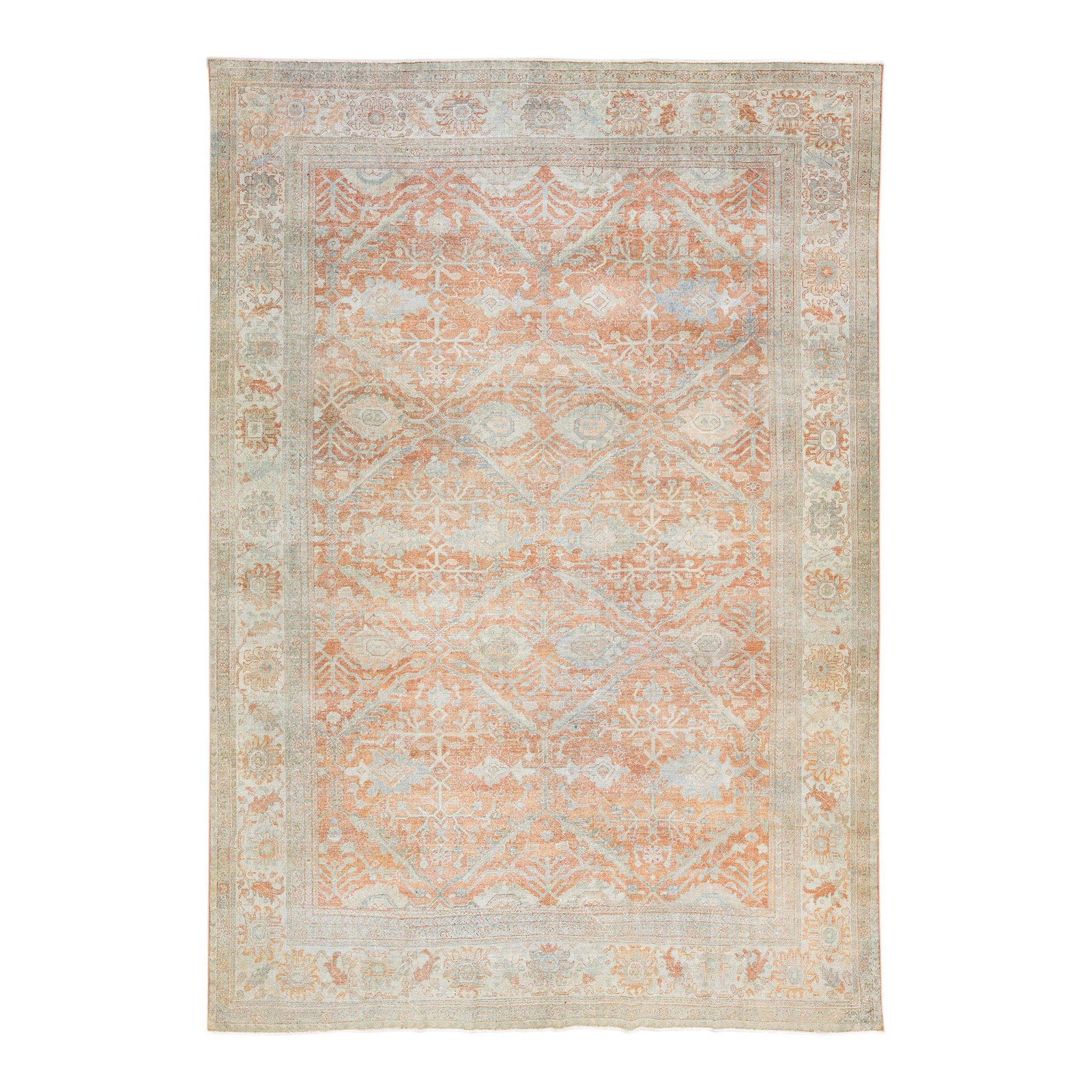 Antique Persian Sultanabad Floral Pattern Wool Rug 9' x 12'8: Antique Persian Sultanabad Floral Pattern Wool Rug 9' x 12'8 Experience the charm of this exquisite antique Persian Sultanabad hand-knotted wool rug, featuring a vibrant orange field complemented by a