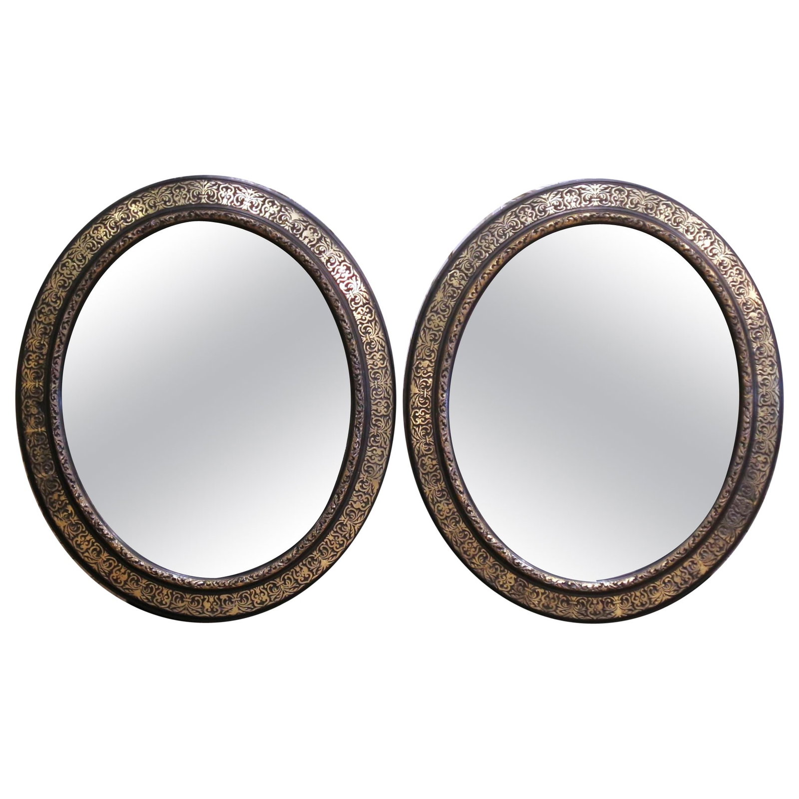 Antique Pair of 19th Century French Napoleon III Black Gold Mirrors Set (1 of 6)