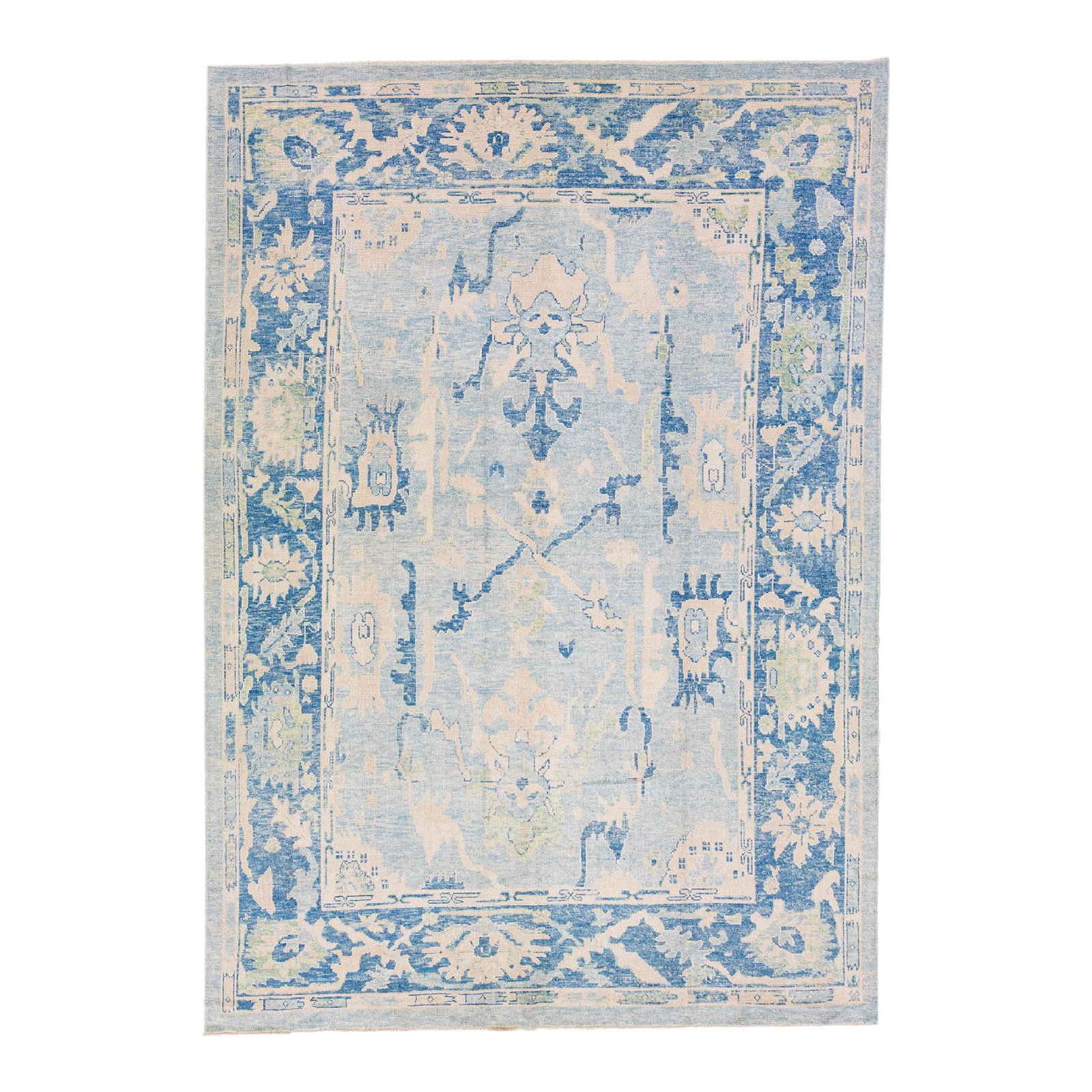 Handmade Modern Oushak Light Blue Wool Rug 10'1 x 14'5 Floral Design: Handmade Modern Oushak Light Blue Wool Rug 10'1 x 14'5 Floral Design Enhance your living space with this stunning modern Turkish Oushak rug, expertly hand-knotted from high-quality wool. Featuring a s