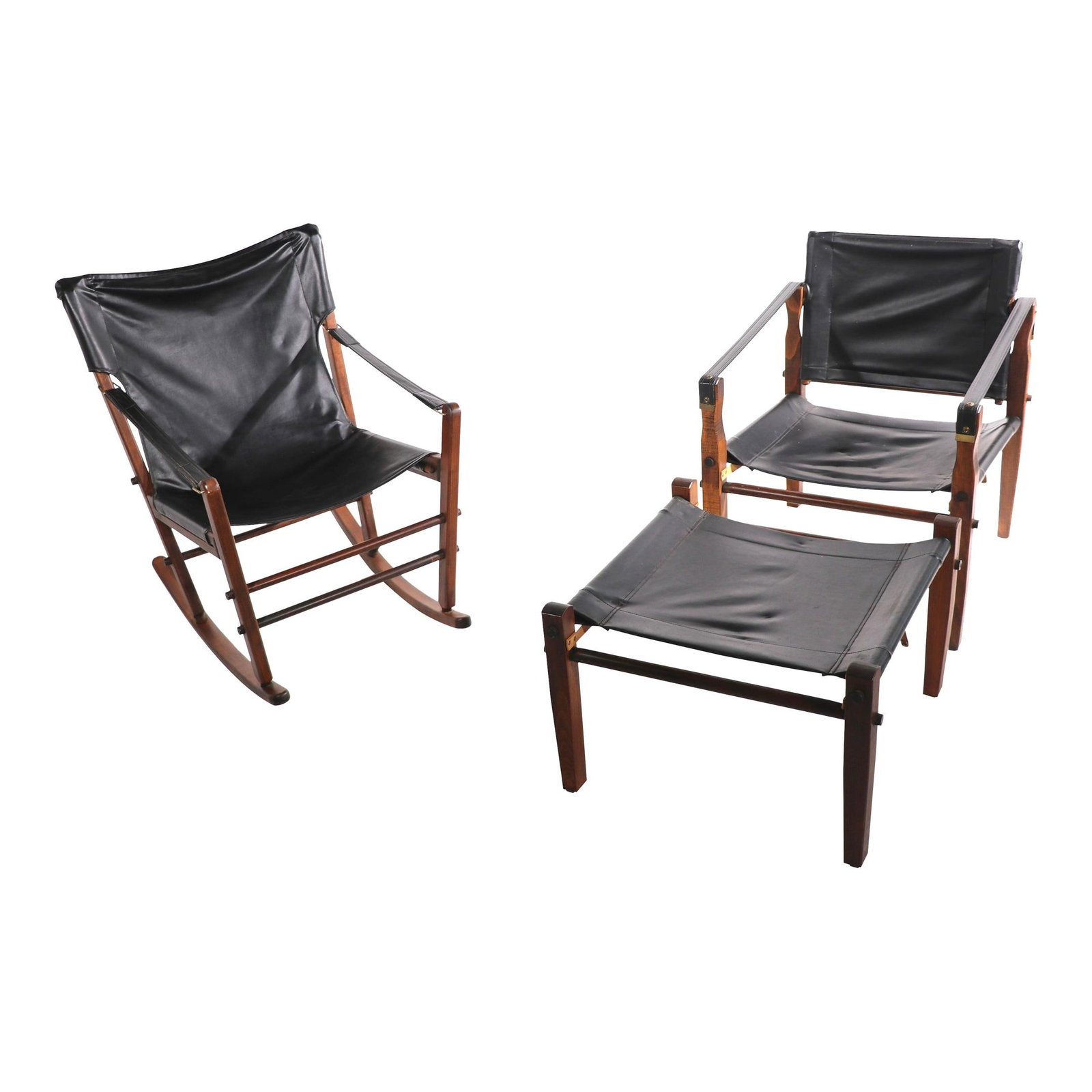 Mid-Century Safari Chair Set by Gold Metal Furniture - 3 Pieces: Mid-Century Safari Chair Set by Gold Metal Furniture - 3 Pieces Discover this chic and stylish Safari suite consisting of two high back chairs and an ottoman, crafted by the Gold Metal Furniture Compa