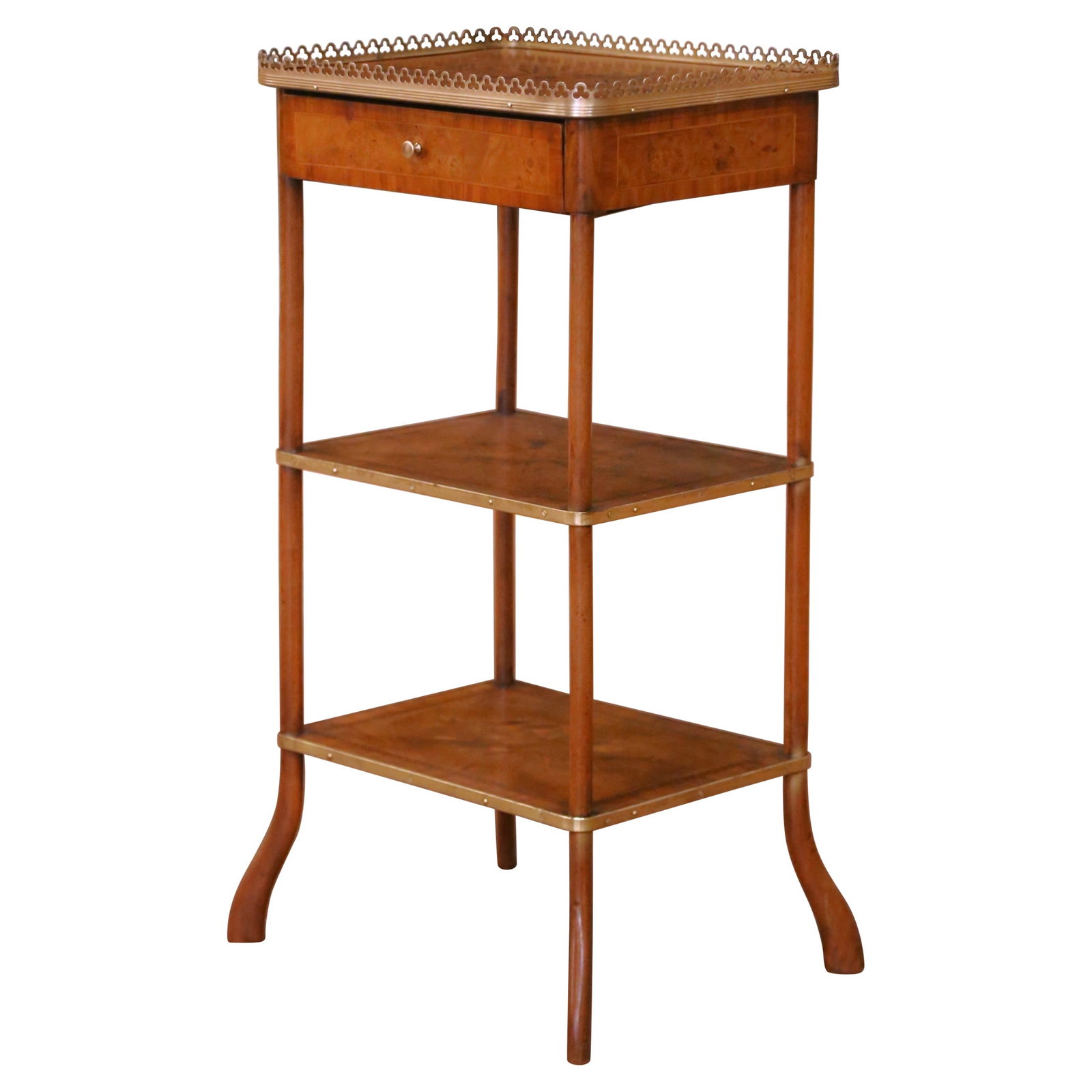 French Louis XVI Walnut Etagere with Inlaid Floral Top and Brass Gallery: French Louis XVI Walnut Etagere with Inlaid Floral Top and Brass Gallery This early 20th-century French Louis XVI style etagere is expertly crafted from walnut with a finely inlaid top featuring delic