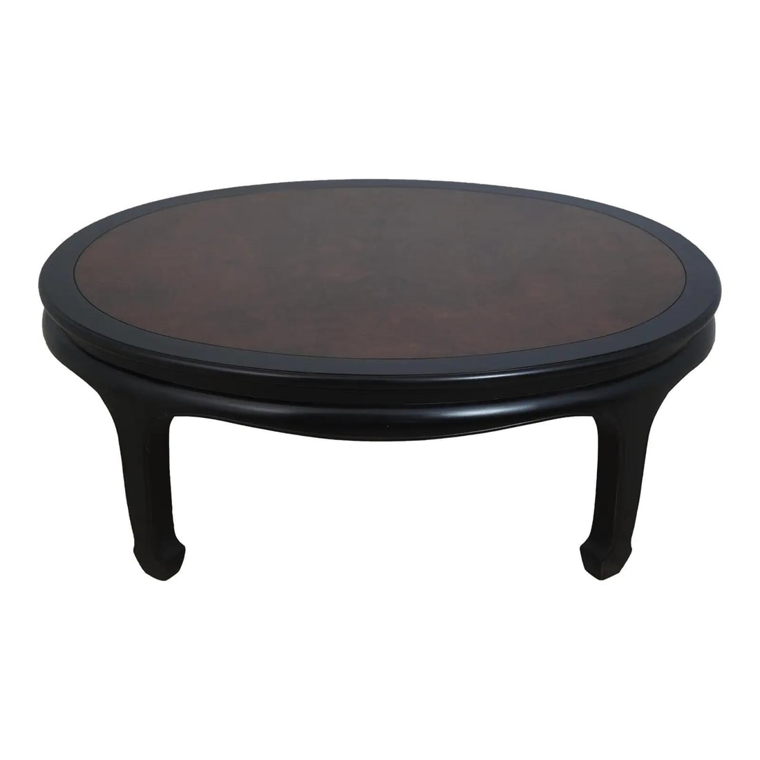 Raymond Sobota Burl Elm Coffee Table with Dark Finish: Raymond Sobota Burl Elm Coffee Table with Dark Finish This exquisite coffee table, designed by Raymond Sobota, showcases a quality construction with a stunning burl elm top and a dark finish on the le