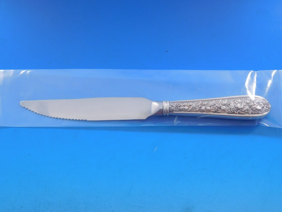 Stieff Corsage Sterling Silver Steak Knife 8.5" Custom Serrated: Stieff Corsage Sterling Silver Steak Knife 8.5" Custom Serrated This exquisite steak knife, crafted by Stieff, features a stunning Corsage pattern. The knife measures 8 1/2" and boasts a hollow handle