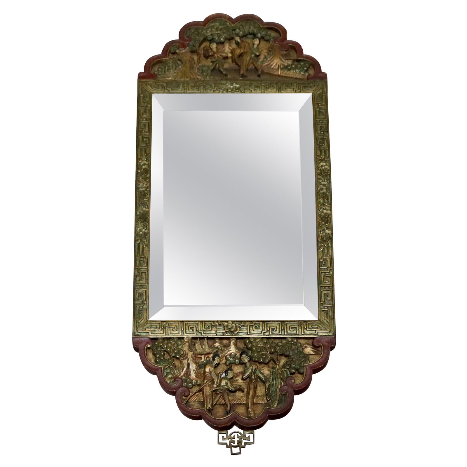 Antique Chinoiserie Carved Polychrome Mirror 20th Century 28.5"H x 20"W (1 of 9)