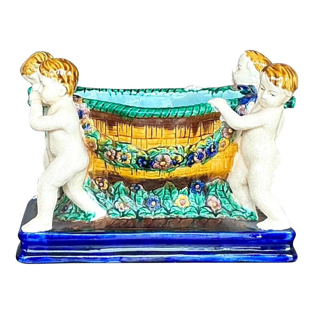 Vintage Majolica Cherub Centerpiece Floral Basin 12x7x8.75 (1 of 8)