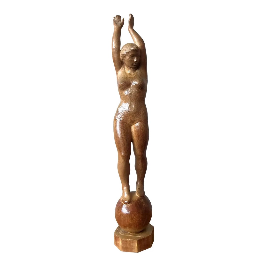 Hand-Carved Wooden Female Figure Boho Chic Vintage Sculpture 24 Inch: Hand-Carved Wooden Female Figure Boho Chic Vintage Sculpture 24 Inch This vintage carved wood female sculpture showcases a gracefully rendered figure standing atop a spherical base. Hand-carved with a