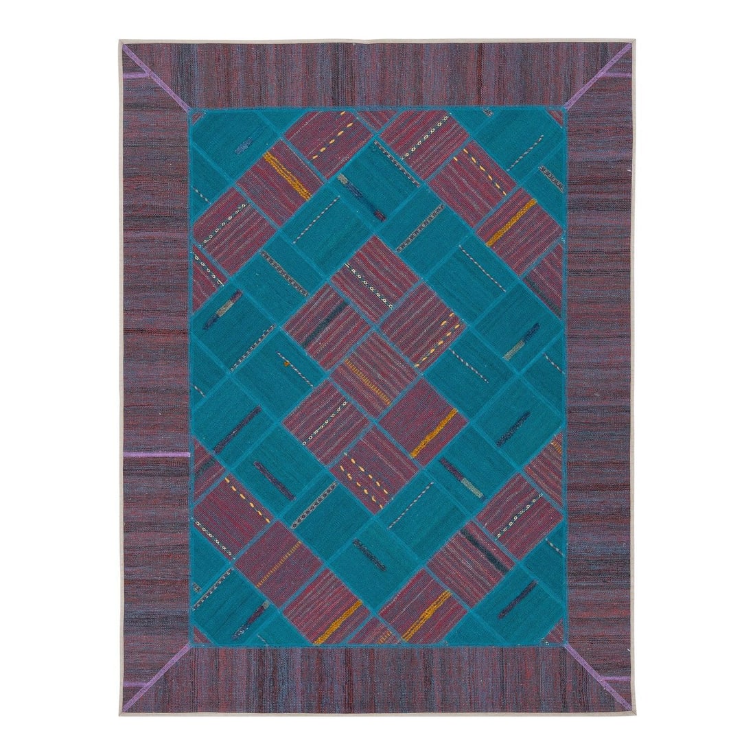 Teal and Raspberry Red Geometric Kilim Wool Rug 5 x 7: Teal and Raspberry Red Geometric Kilim Wool Rug 5 x 7 Enhance your living space with this stunning flatweave Kilim wool rug featuring a vibrant teal and raspberry red field. Crafted from high-quality