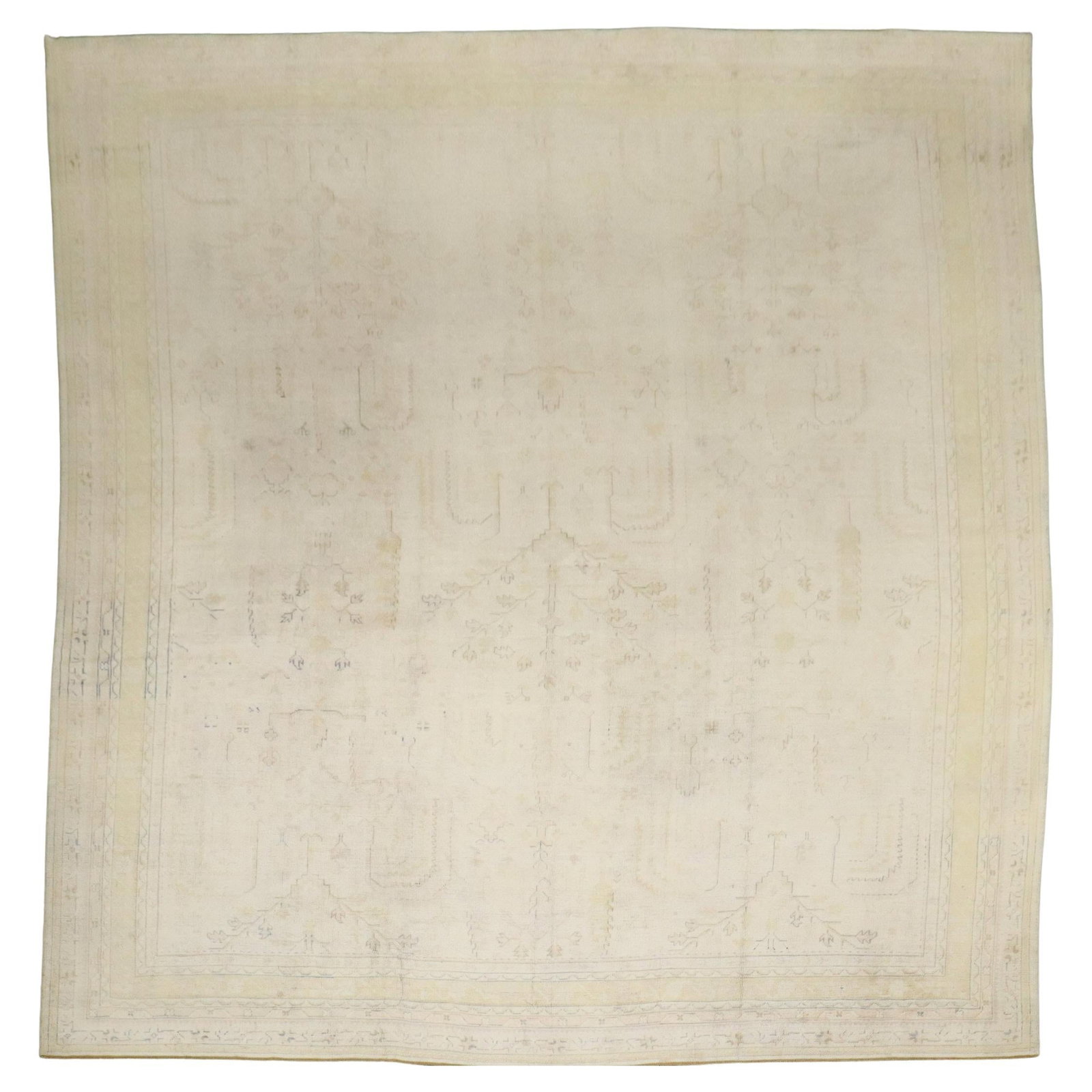 Antique Turkish Oushak Rug 13'2 x 15'6 Hand-Woven Wool circa 1920: Antique Turkish Oushak Rug 13'2 x 15'6 Hand-Woven Wool circa 1920 Discover the elegance of the Zabihi Collection with this Oversize Square Antique Turkish Oushak Rug. Crafted in Turkey during the earl