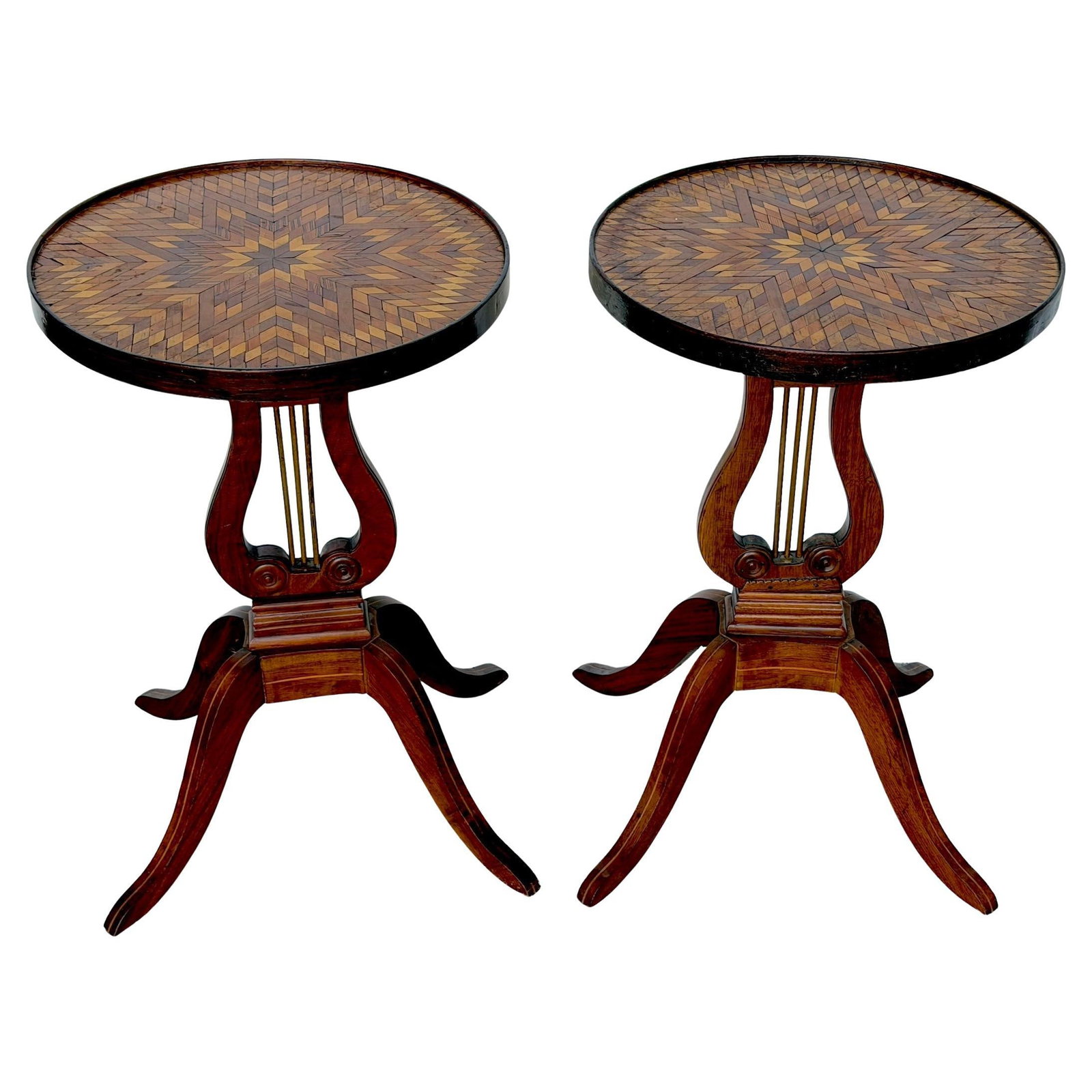 Set of 2 Folk Art Lyre-Base Inlaid Hardwood Tables Circa 1900: Set of 2 Folk Art Lyre-Base Inlaid Hardwood Tables Circa 1900 This pair of American Folk Art lyre-form tables, dating to circa 1900, showcases neoclassical motifs executed in regional American craftsm