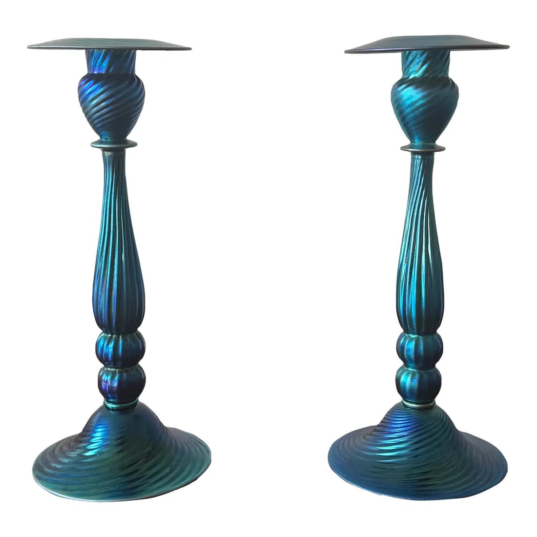 Antique Carder Steuben Blue Aurene Glass Candlesticks Pair 12" Tall (1 of 7)