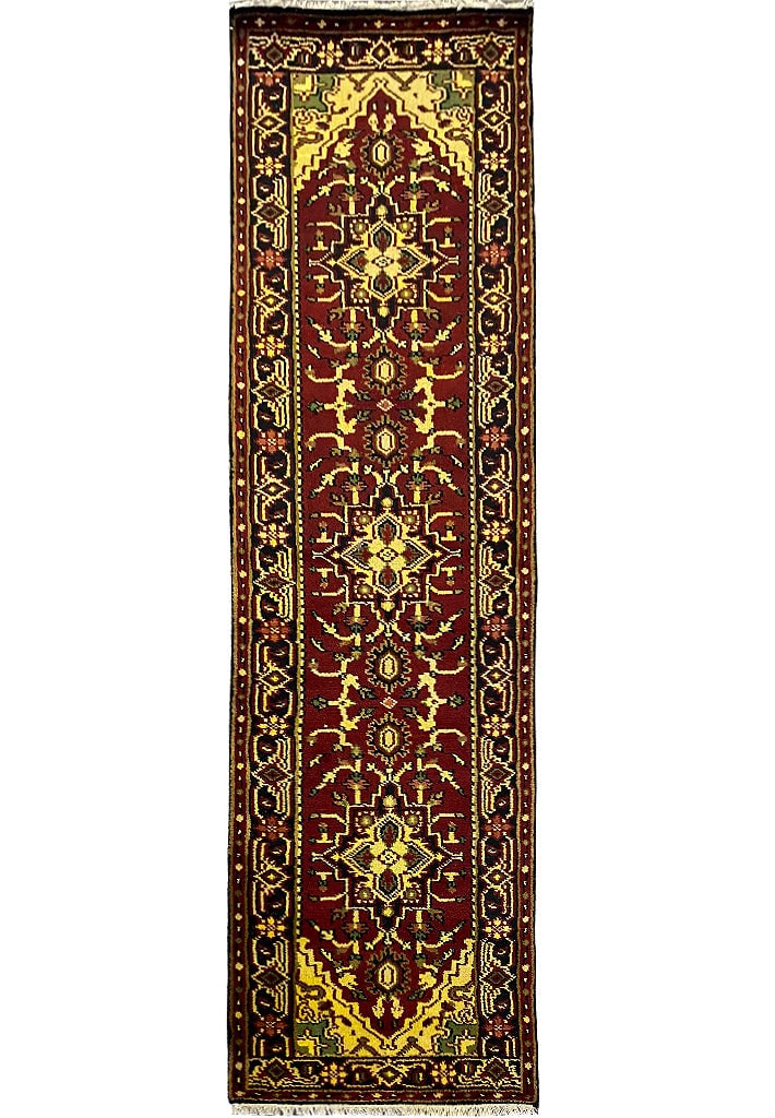 10ft Handmade India Heriz Runner 2.8x10 Wool Floral Geometric Design: 10ft Handmade India Heriz Runner 2.8x10 Wool Floral Geometric Design Free continental US Shipping Enhance your home with this exquisite 10' Handmade India Heriz Runner, a true masterpiece that showcas
