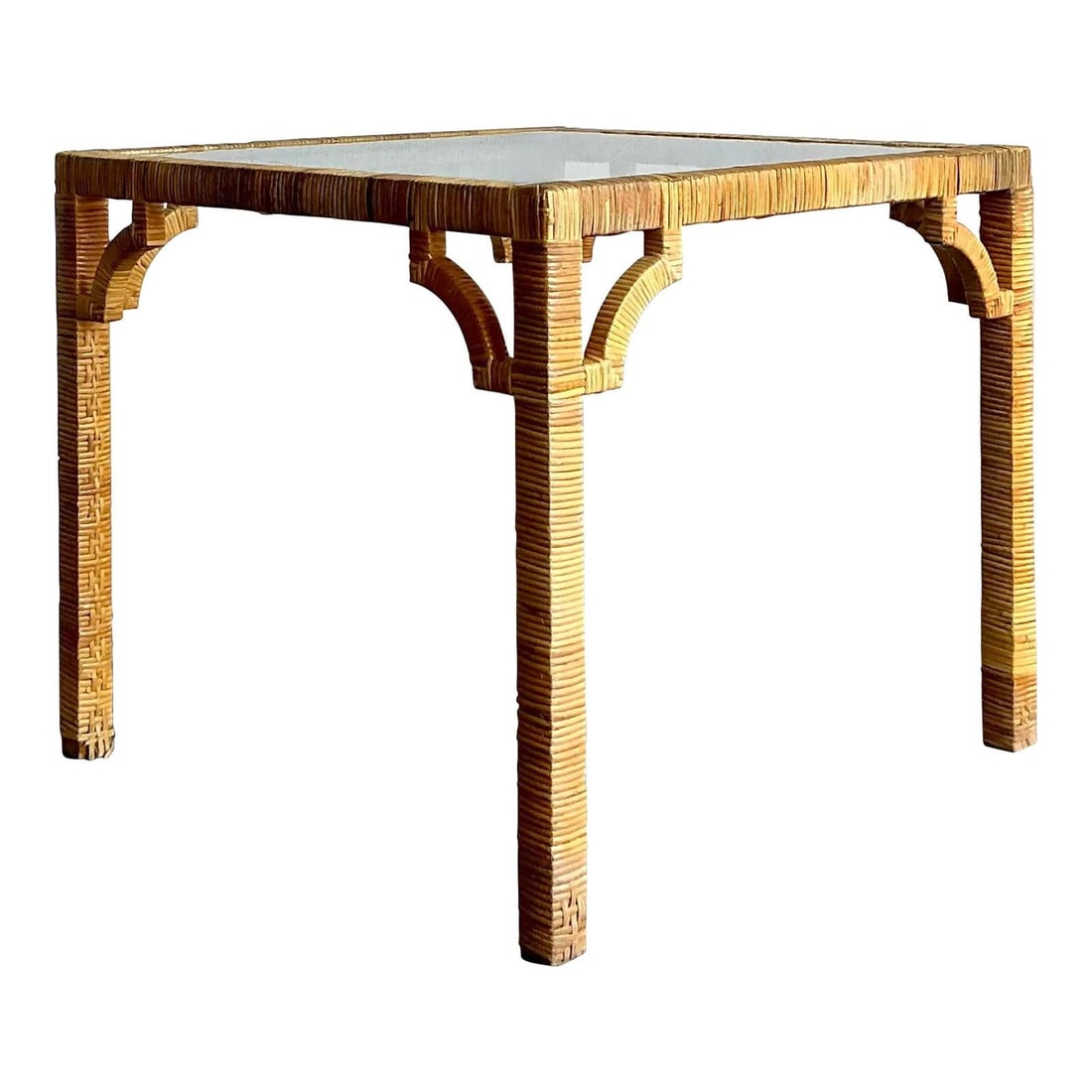 Ming Style Rattan Game Table With Inset Glass Top Boho Coastal Accent: Ming Style Rattan Game Table With Inset Glass Top Boho Coastal Accent This vintage wrapped rattan game table features a split reed design with straight legs and Ming-style corner brackets, creating a