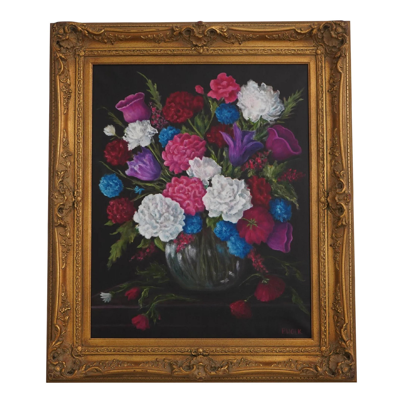 Vibrant Floral Still Life Oil Painting Signed P.Wolk Gold Finish 32.5x38.5: Vibrant Floral Still Life Oil Painting Signed P.Wolk Gold Finish 32.5x38.5 This beautiful floral still life oil painting, created by artist P. Wolk, showcases a vibrant palette of modern colors agains