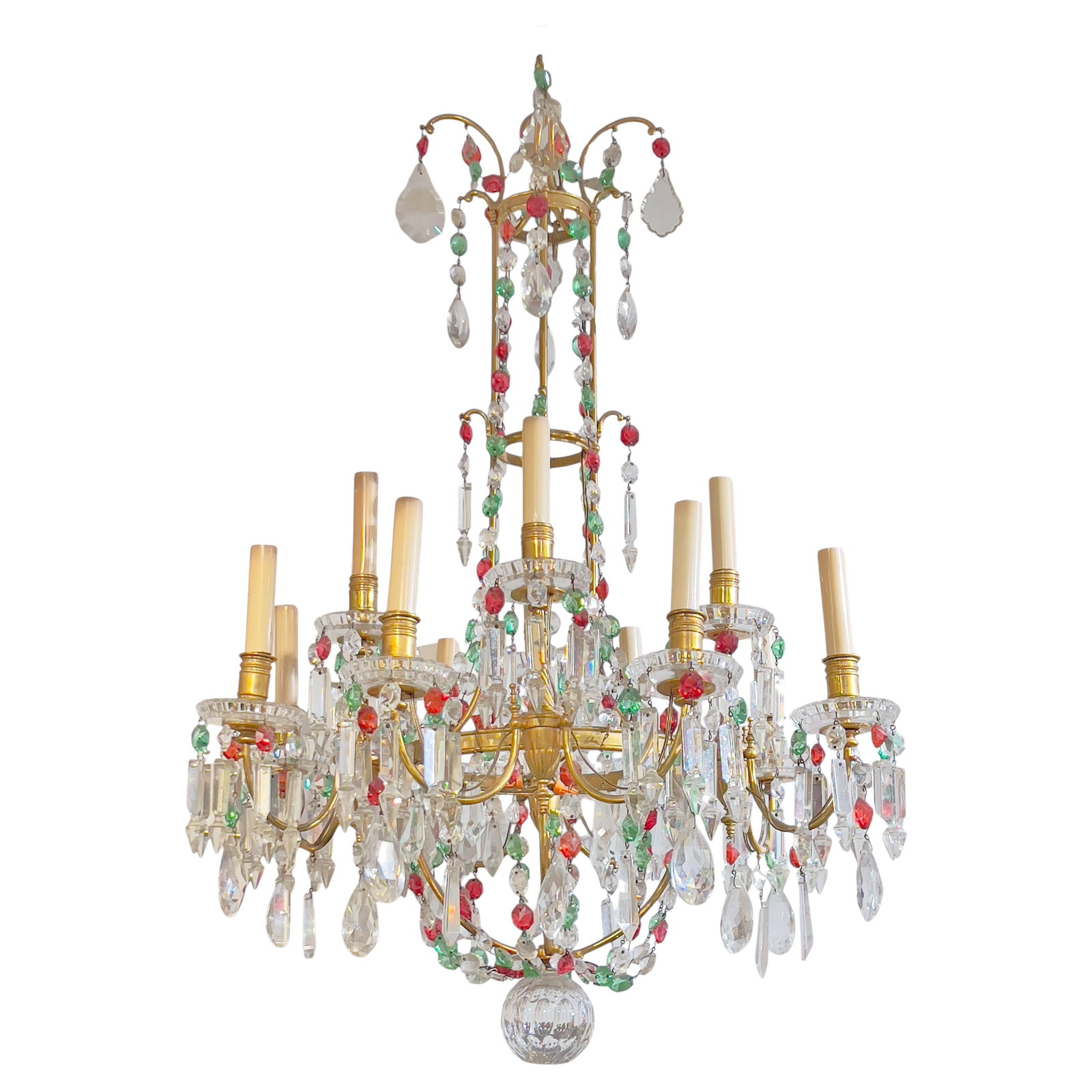 French Antique Gilt Bronze Eight-Arm Crystal Chandelier with Colored Baccarat Drops (1 of 11)