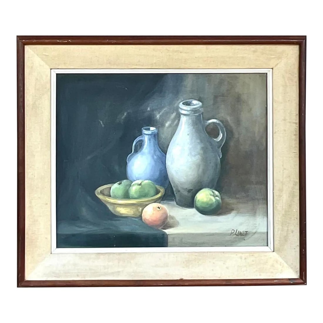 Chic Vintage Boho Signed Oil Still Life Painting of Fruit and Pottery: Chic Vintage Boho Signed Oil Still Life Painting of Fruit and Pottery Discover an exquisite vintage Boho original oil painting that features a chic still life of fruit alongside pottery. This artwork
