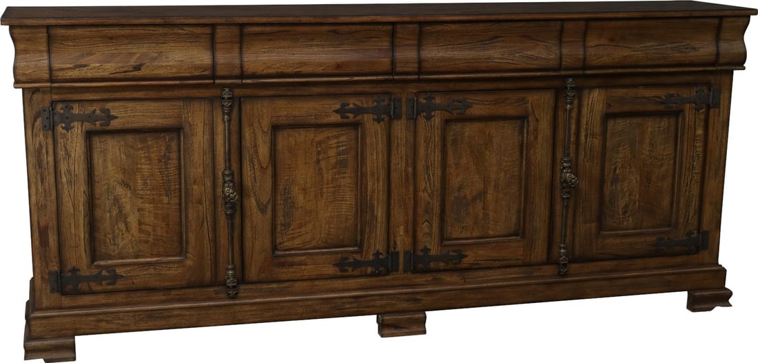 French Style Solid Wood Sideboard with Rustic Pecan Finish: French Style Solid Wood Sideboard with Rustic Pecan Finish This elegant French Style Sideboard is crafted from solid wood, showcasing a beautiful rustic pecan finish that adds warmth and charm to any