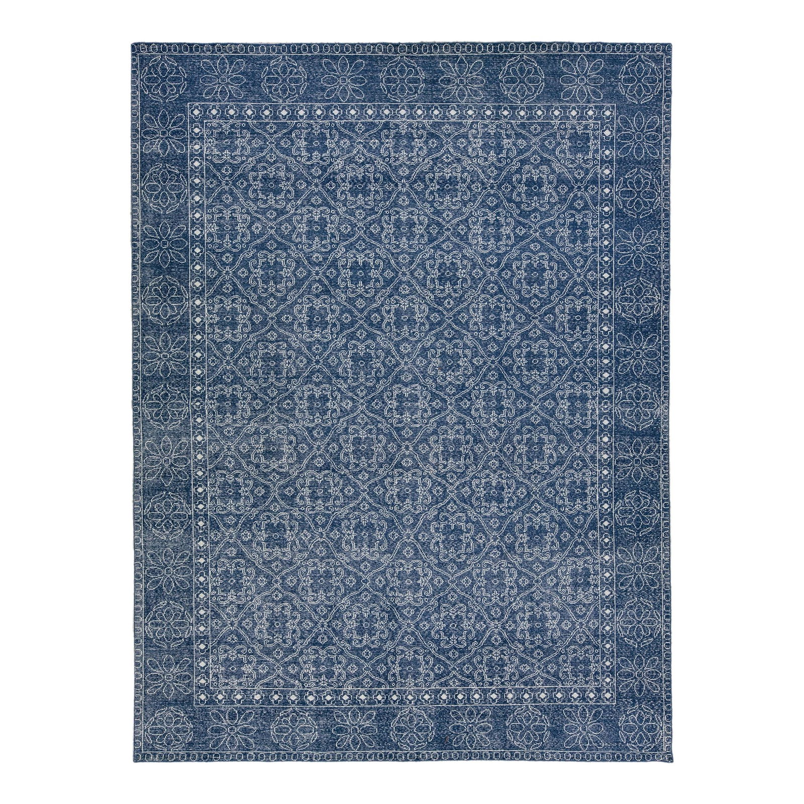 Turkish Handmade Navy Blue Wool Rug Floral Trellis Design 9' x 12'1: Turkish Handmade Navy Blue Wool Rug Floral Trellis Design 9' x 12'1 This stunning Turkish handmade wool rug features a captivating navy blue distressed field complemented by white accents and an intri
