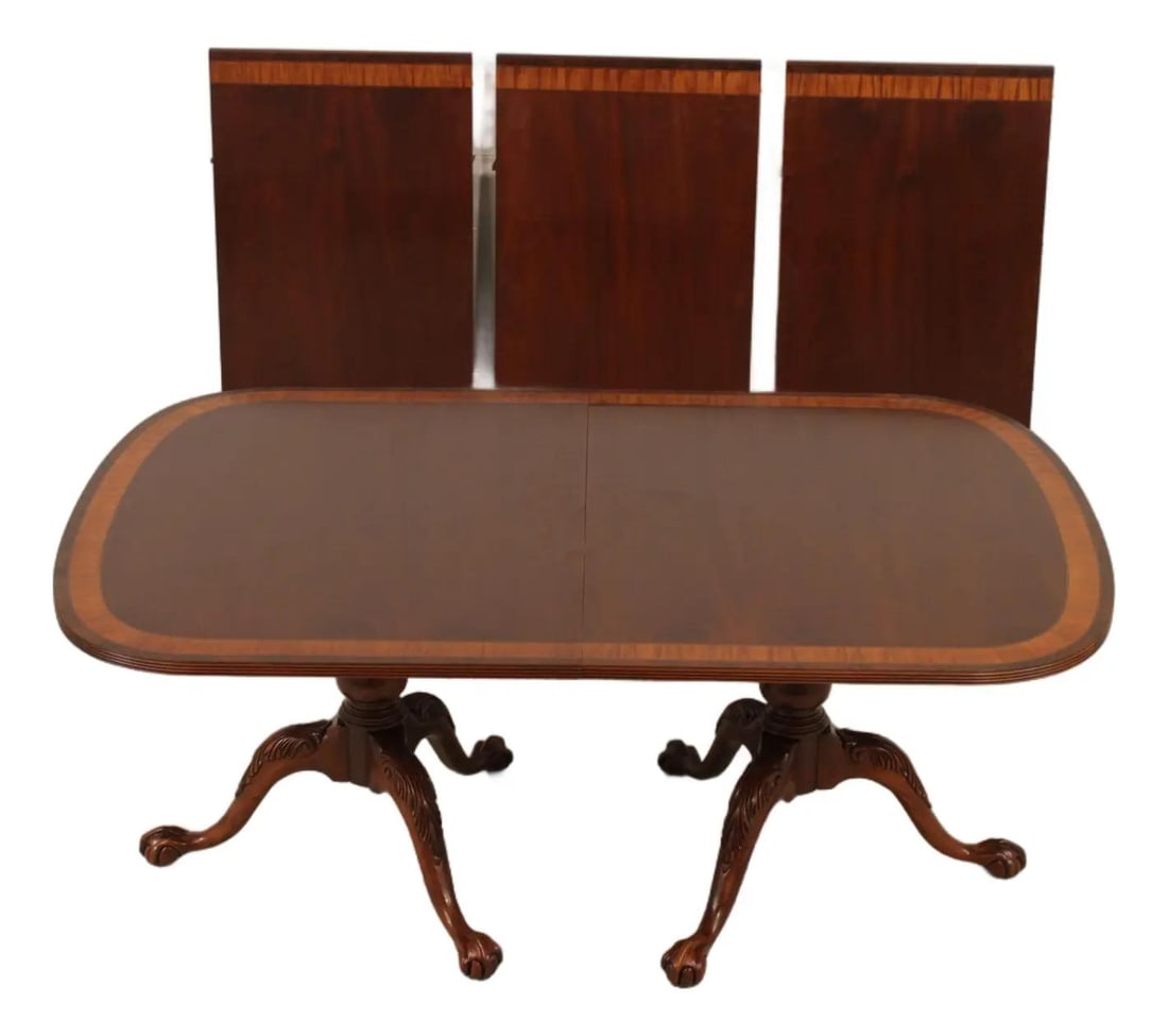 Mahogany Dining Table With Satinwood Crossbanding and Ball Claw Feet: Mahogany Dining Table With Satinwood Crossbanding and Ball Claw Feet This dining room table from the 18th Century Mahogany Collection features high-quality construction with ball and claw feet, an ebo