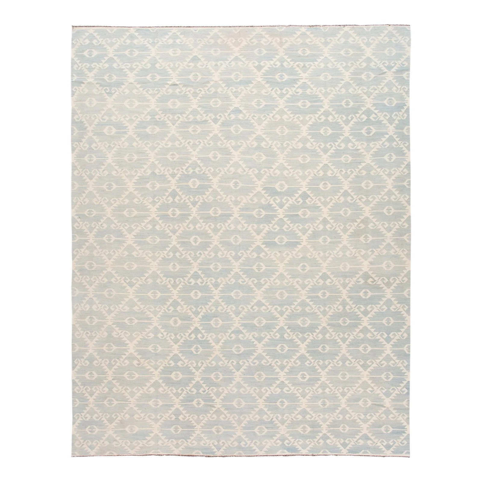 Oversized Wool Kilim Rug 12'2 x 15' Tribal Motif Light Blue: Oversized Wool Kilim Rug 12'2 x 15' Tribal Motif Light Blue Transform your space with this stunning Oversize Modern Kilim Flatweave Wool Rug, showcasing a beautiful tribal motif against a light blue b