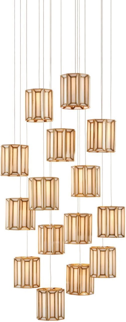 Currey Daze Multi-Drop Pendant Brass 15-Light Chandelier: Currey Daze Multi-Drop Pendant Brass 15-Light Chandelier Illuminate your space with the Currey's Daze Pendant, an elegant multi-drop lighting fixture designed in a vintage style. This stunning pendant