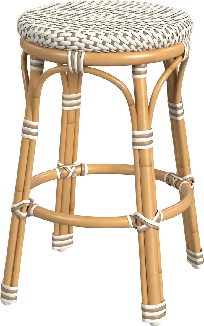 Butler Tobias Outdoor Stool Beige White Round Aluminum Rattan (1 of 6)