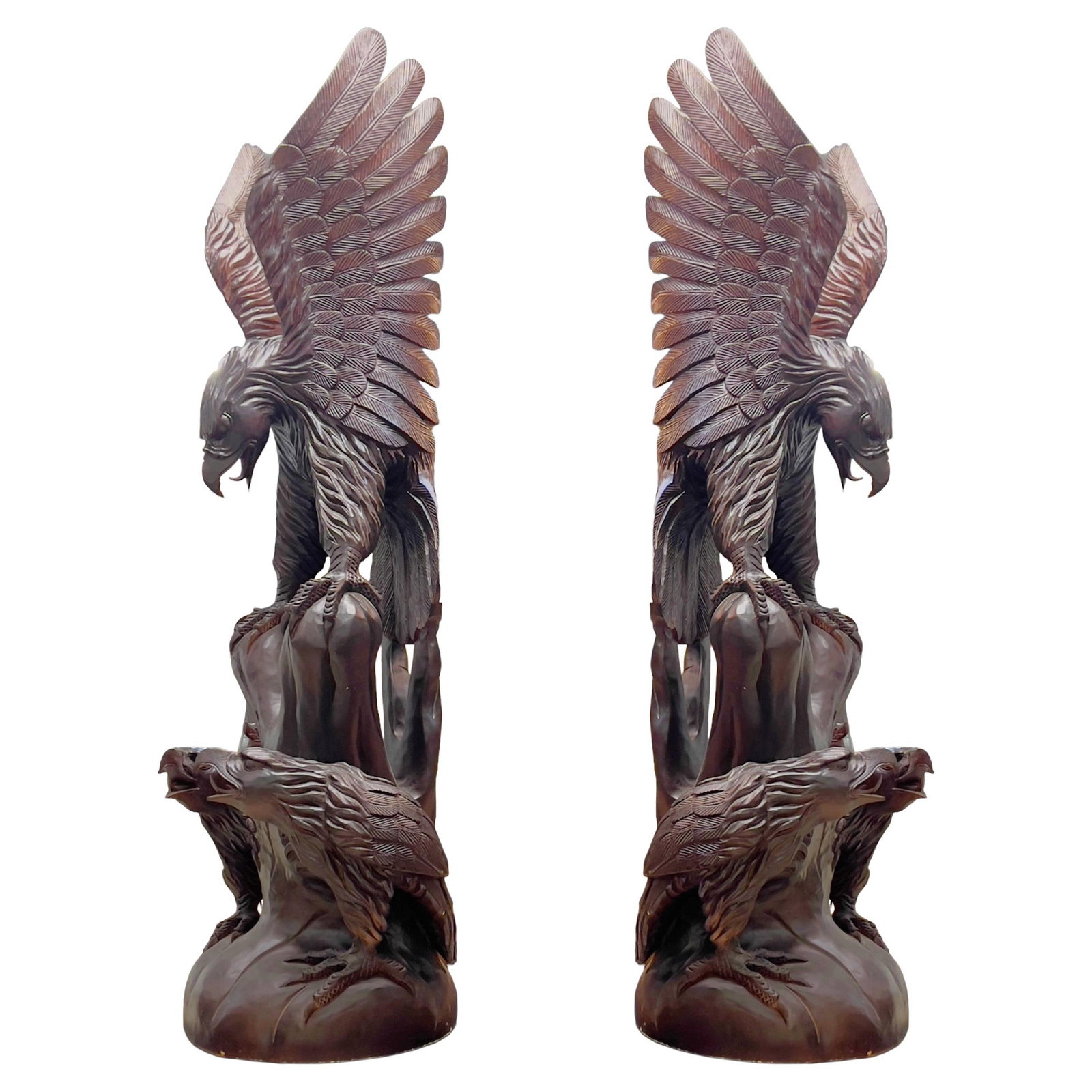 Set of 2 Large Chinese Hand-Carved Wood Eagle Statues (1 of 13)