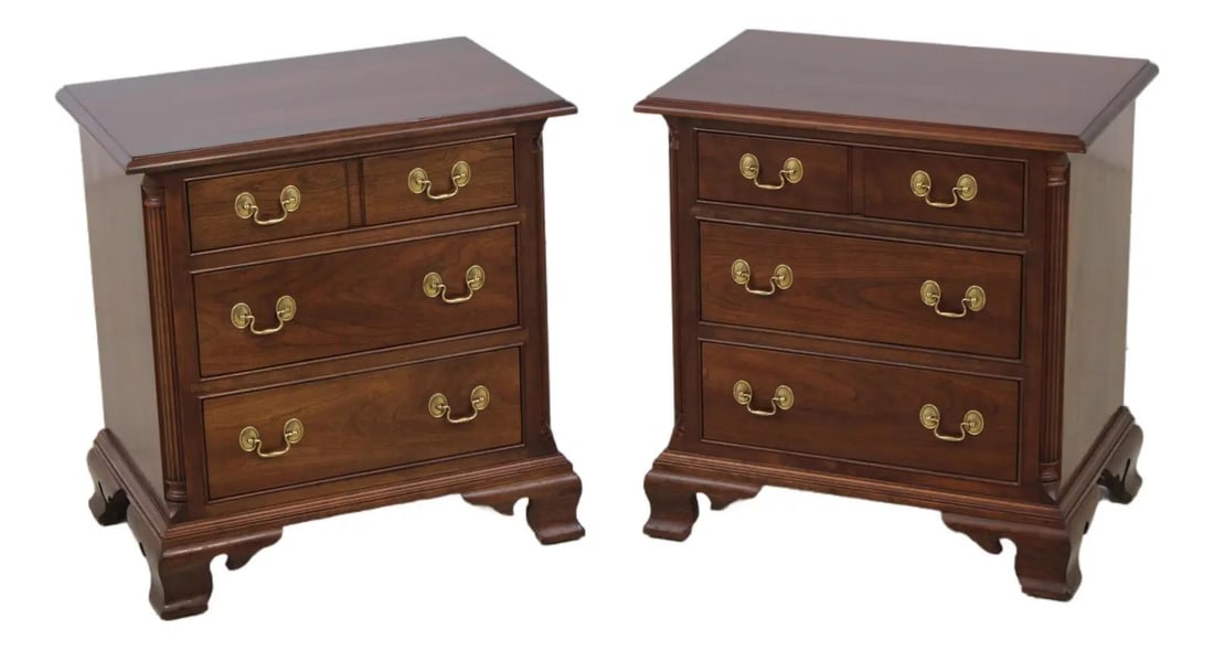 Set of Two Cherry Wood Nightstands with Three Drawers and Brass Hardware (1 of 10)