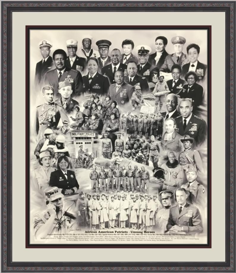 Wishum Gregory African American Patriots Framed Print 30x24 Giclee Art: Wishum Gregory African American Patriots Framed Print 30x24 Giclee Art This stunning custom framed print titled 'African American Patriots Unsung Heroes' by artist Wishum Gregory celebrates the contri
