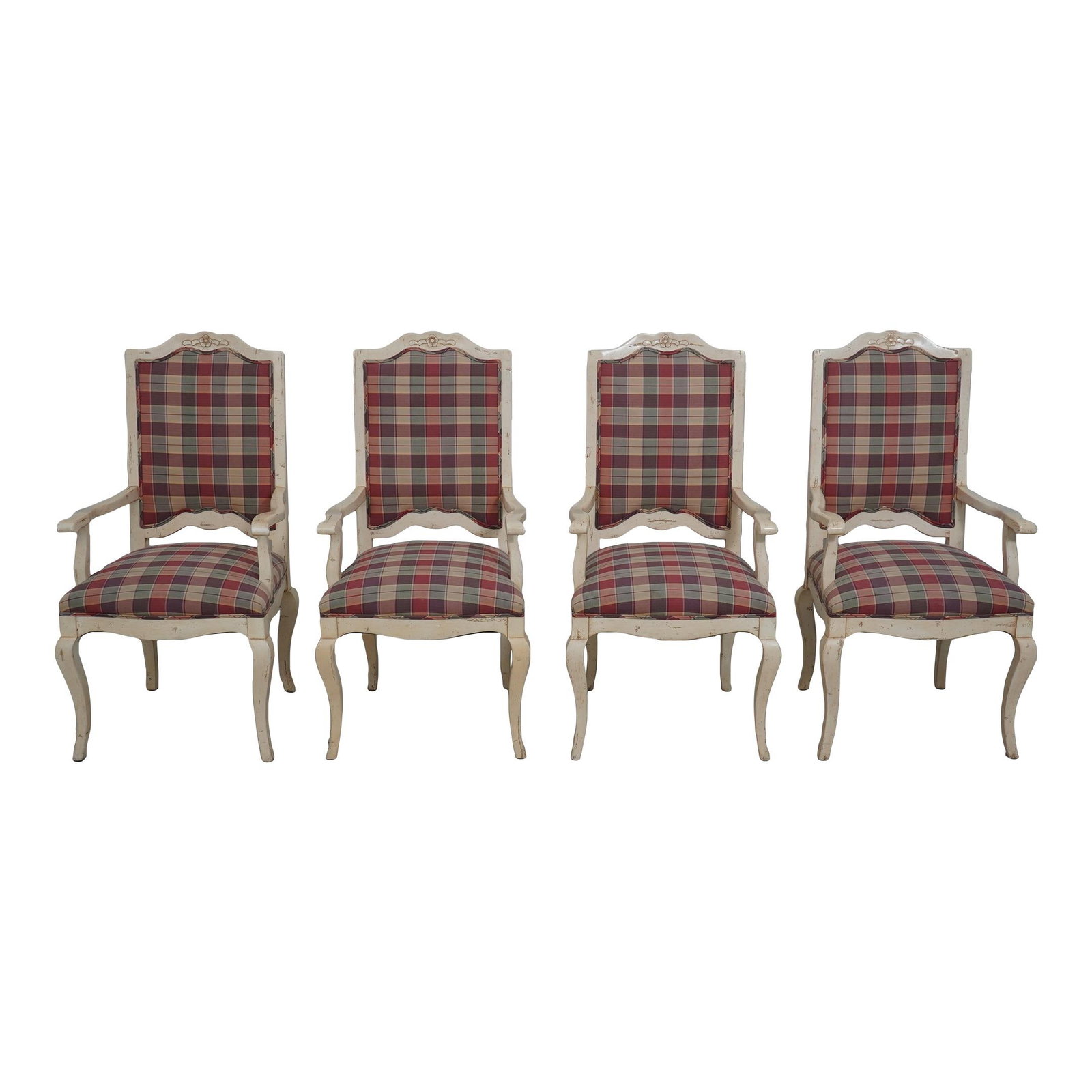 Set of 4 Country French Off-White Dining Chairs with Distressed Finish: Set of 4 Country French Off-White Dining Chairs with Distressed Finish This set of four Century Country French dining room chairs showcases a charming off-white color with a factory distressed finish,