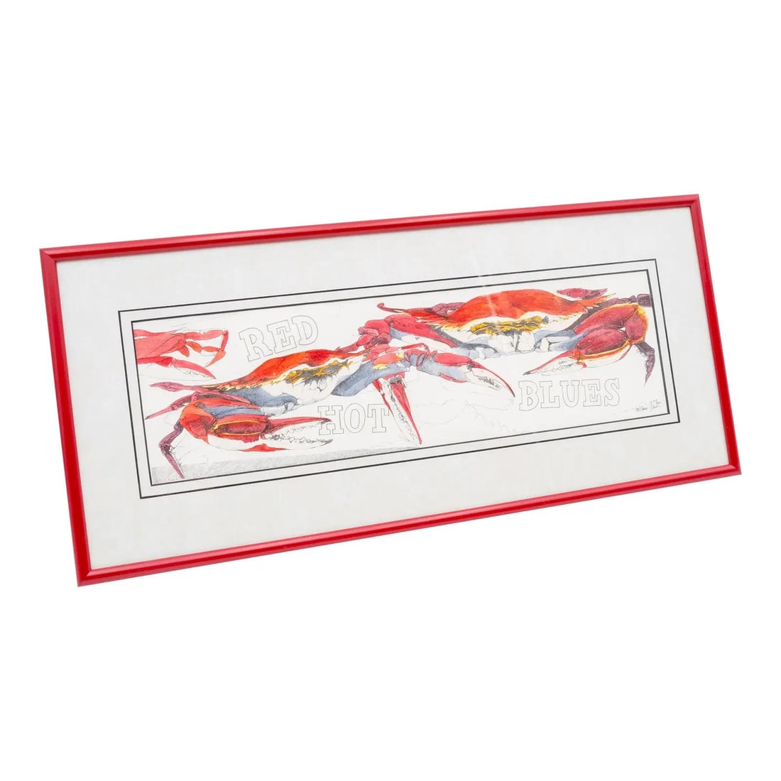 Limited Edition Watercolor Red Hot Blues Crabs by J. Swan 121/900: Limited Edition Watercolor Red Hot Blues Crabs by J. Swan 121/900 This charming watercolor artwork titled "Red Hot Blues" features a playful representation of cooked blue crabs, showcasing the vibrant