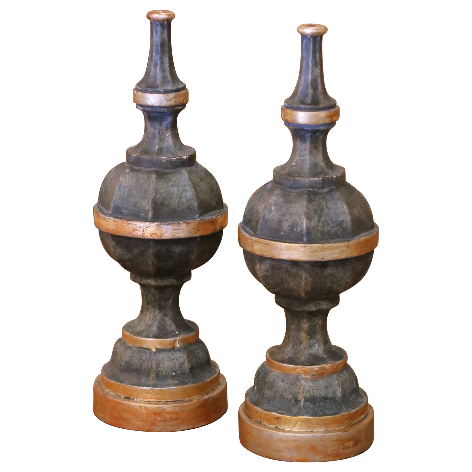 Set of 2 Italian Oak Altar Finials with Verdigris and Silvered Patina (1 of 9)