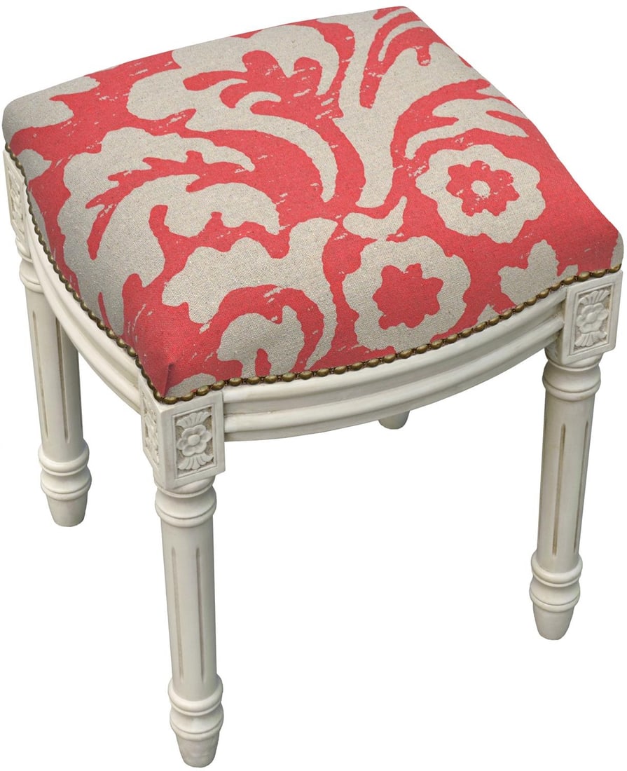 Charming Jacobean Vanity Stool White Wash Linen Upholstery (1 of 1)
