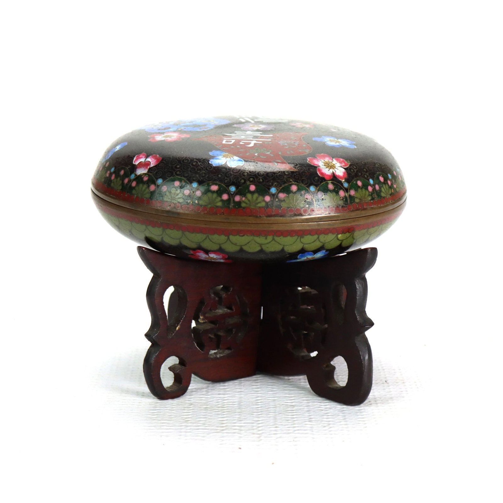 Late 19th Century Chinese Cloisonne Box with Carved Wooden Stand (1 of 6)