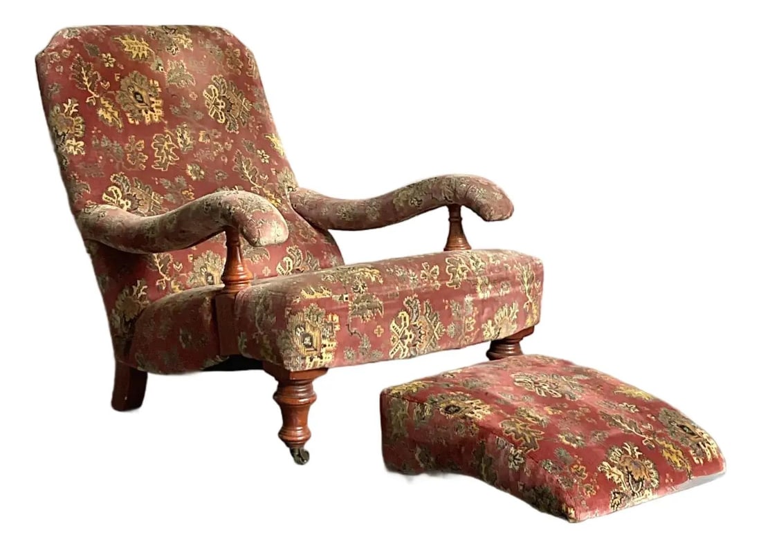 Edwardian Mahogany Steamer Lounge Chair With Matching Footstool Upholstered Set (1 of 8)
