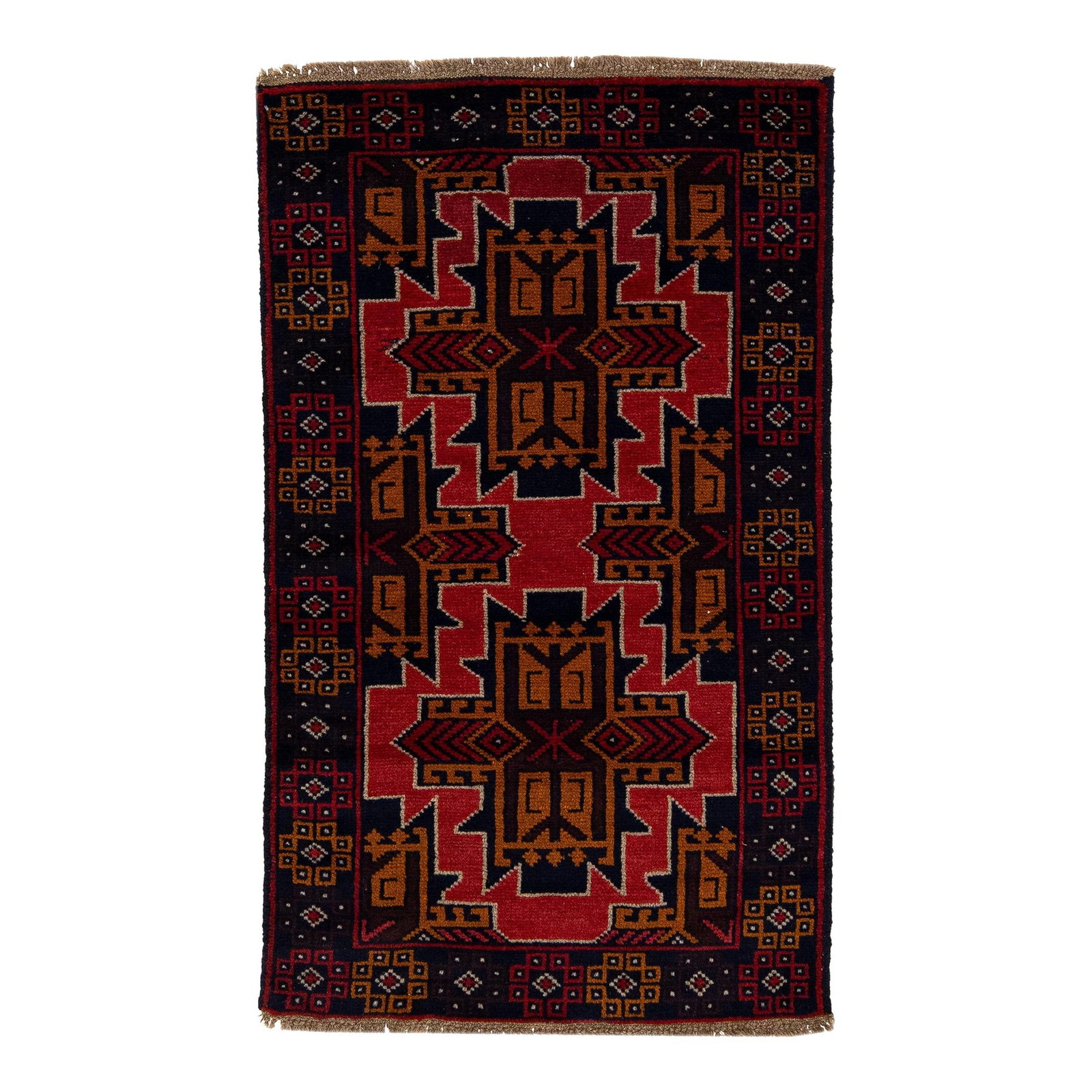 Vintage Persian Balouch Handmade Wool Rug Red Medallion 2'9 x 4'8: Vintage Persian Balouch Handmade Wool Rug Red Medallion 2'9 x 4'8 This exquisite Vintage Persian Balouch rug features a stunning hand-knotted design with a vibrant red field adorned with multicolor ac